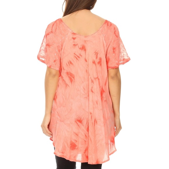 Sakkas Hana Tie Dye Relaxed Fit Embroidery Cap Sleeves Peasant Batik Blouse - Picture 2 of 7